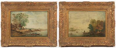 Dutch painter 18th century- Shore Scenes. Pair landscape Paintings . oil on panel, Each 23 x 38 cm.