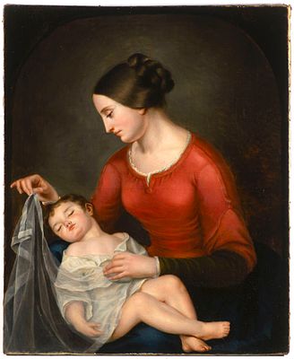 19th century painter. Mary with child. Oil on canvas 95 x 79 cm