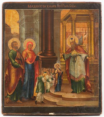 Russian icon 19th century. Presentation of the Virgin Mary in the Temple, tempera on wood 49 x 