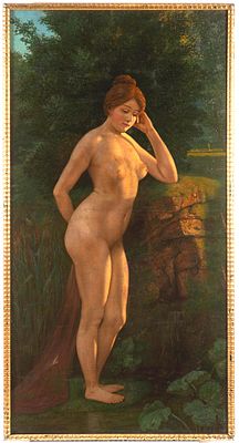 19th century German painter. Portrait of nude young woman, oil on canvas, 195 x 101 cm , signed 