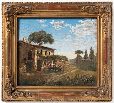 19th-Century School . Italian Landscape with Figures. A charming and intimate 19th-century oil 