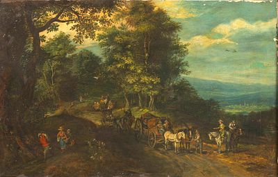 18/19th-Century Painter . A Carriage on a Wooded Road. A captivating landscape painting 