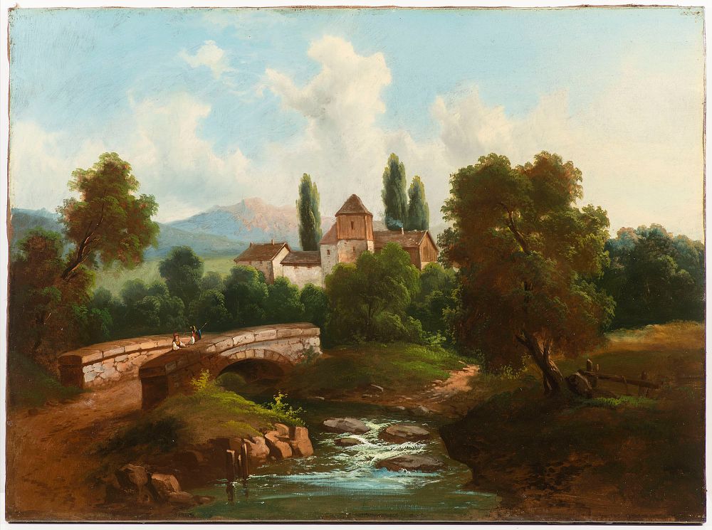 Painter 19th century . Country Landscape. The composition features a classic European scene with 