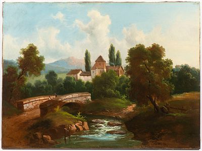 Painter 19th century . Country Landscape. The composition features a classic European scene with 
