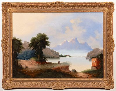 19th century Painter. Romantic Lakeside Landscape. A beautiful and serene 19th-century 