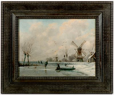 Painter 19th century Dutch winter landscape, oil on canvas, 35 x 45 Dimensions 35 x 45 cm