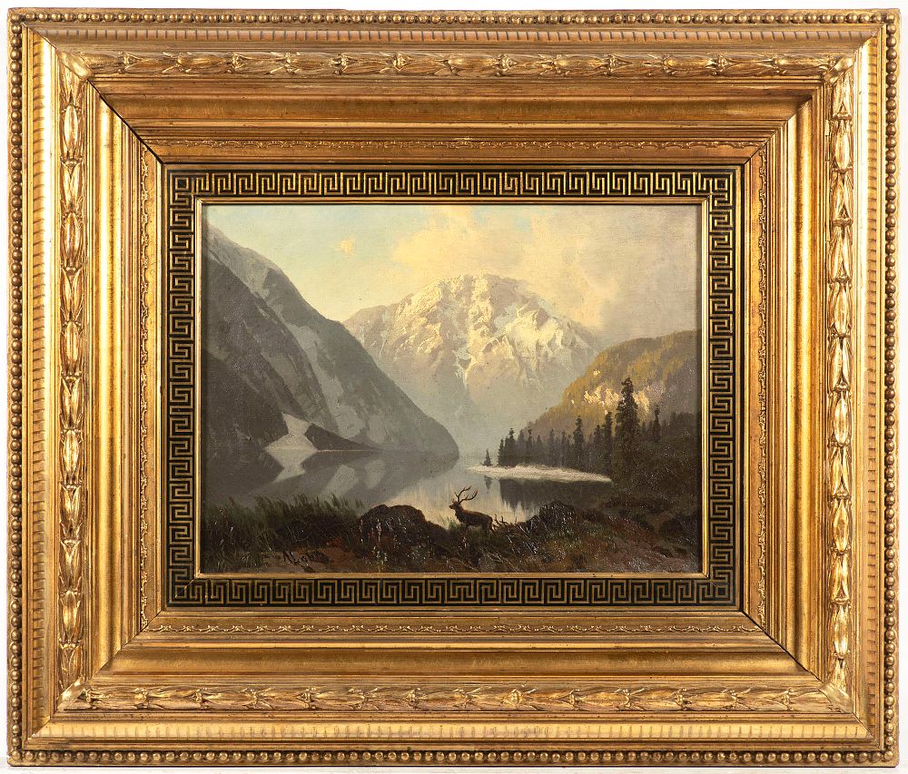 August Lohr, 1842 – 1920 - August Lohr, 1842 – 1920. View across a lake to a snow-covered, sunlit 