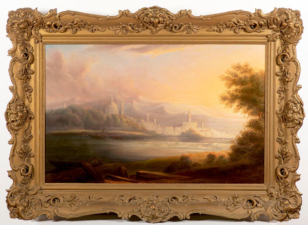 19th century painter View of Florence. Summery view across the Arno to the silhouette of the 