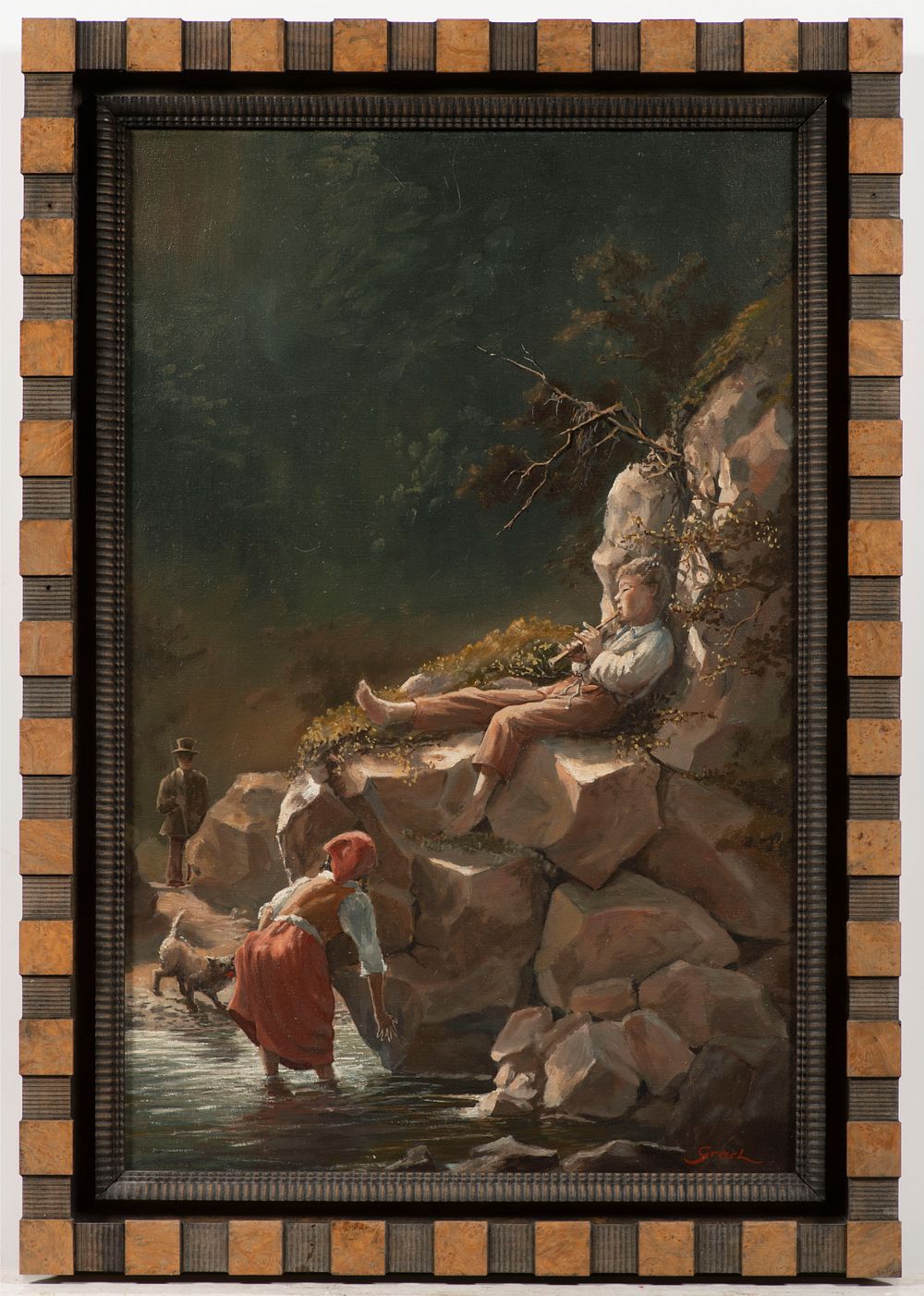 19th century Italian painter- Landscape. Landscape with young man playing the flute on the 