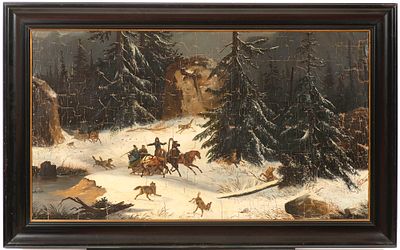 19th-century painter - Winter landscape with travelers. Winter landscape with travelers on a 