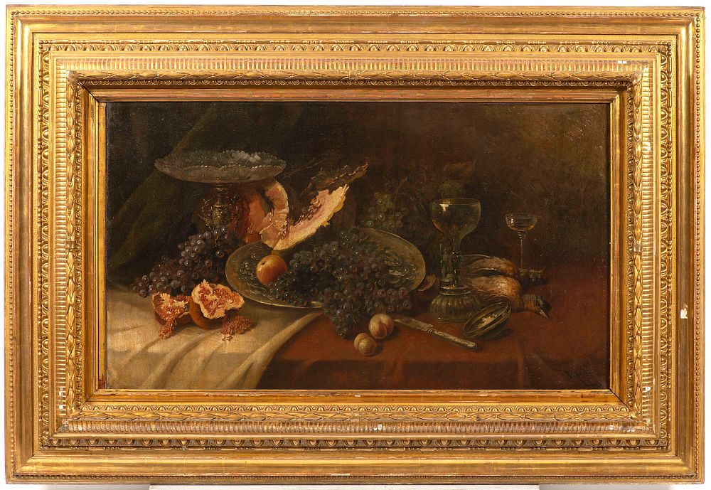 19th century painter - Still life. Still life with game and fruit on a table . Oil on canvas 