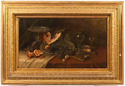 19th century painter - Still life. Still life with game and fruit on a table . Oil on canvas 