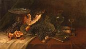 19th century painter - Still life. Still life with game and fruit on a table . Oil on canvas Image - 1