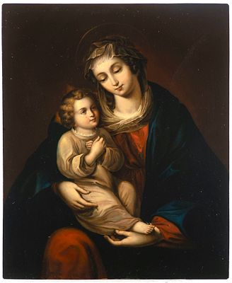 19th-century Painter. The artwork depicts a tender moment between the Madonna and Child, a 