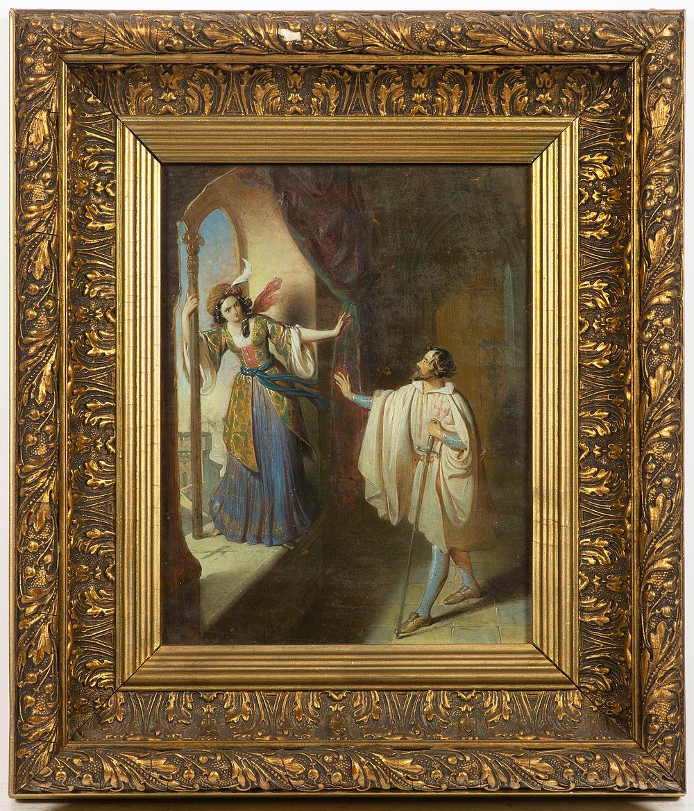 19th century painter Gallant scene, oil on cardboard 26 x 20 cm.
Dimensions 
26 x 20 cm