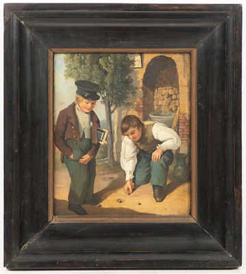 German painter, 19th century. Two children playing. Oil on wood, 20 x 17 cm. Dimensions 20 x 17 cm