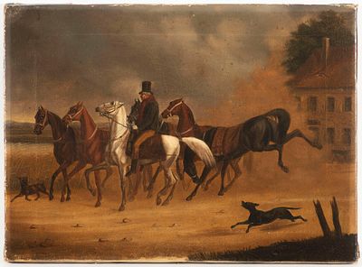 Painter 19th century . A Gallop on the Country Road. The painting features a gentleman in a top 