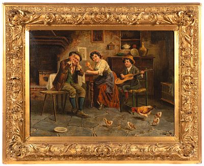 19th century Italian painter- Interior family scene. Interior family scene with a young man 