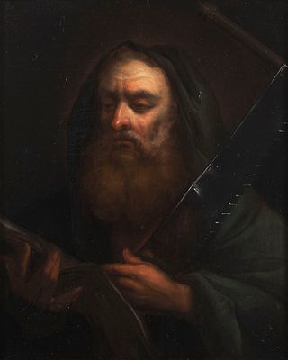 Saint Simon, the Zealot. Representation of the apostle Simon with his attributes: the book and 