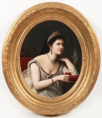 19th century painter, Lady with a Glass of Wine. An impressive 19th-century oil on canvas 