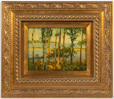 Impressionist painter, probably German. NEUNDORF PORCELAIN PAINTING. Landscape with trees and a 