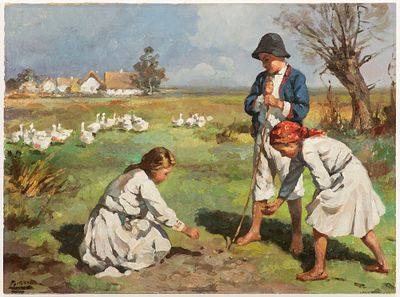 Painter 20th century. Children with Geese. This 20th-century oil painting on cardboard, signed 