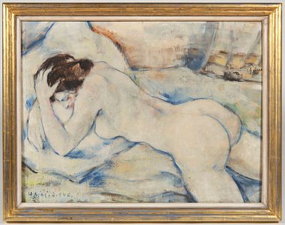 20th century painter - Lying act. `Lying act`signed bottom left, indecipherable. Oil on plywood 