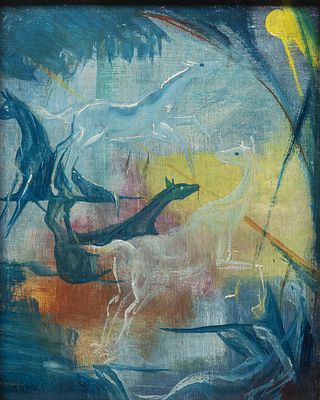 German School, around 1910 Horses in an Abstract Landscape. This small yet dynamic painting on 