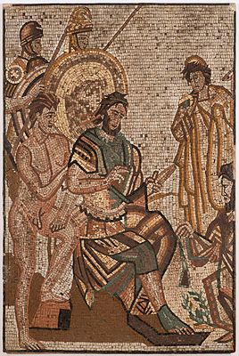 Mosaic relief representing a historical scene. The mosaic shows a scene from ancient history or 