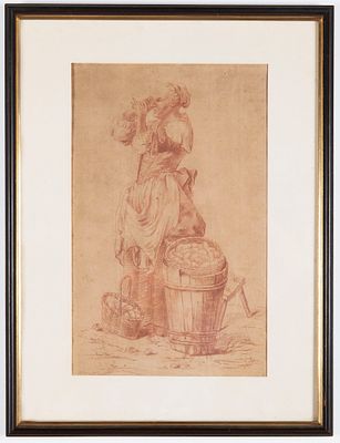 A Peasant Woman with a Spyglass
Attributed to the French School, 18th Century. This charming red 