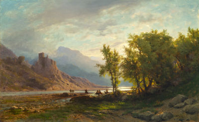 ЛАГОРИО Лев Феликсович (1826-1905) "Кавказский пейзаж. Переправа через реку" 1876 год Холст 