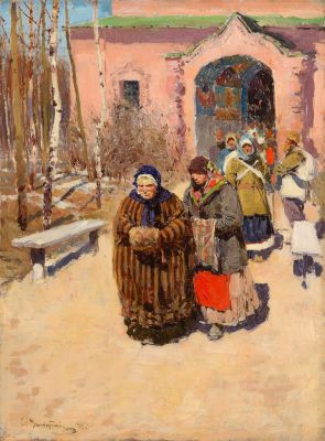 ВИНОГРАДОВ Сергей Арсеньевич (1869-1938) "Из церкви" 1893 год. Доска, масло. 44,2 х 32,5 см. Эк 