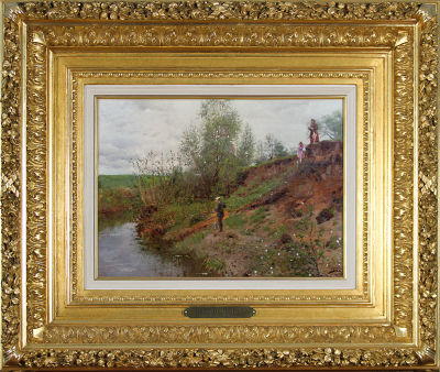 МАКОВСКИЙ Владимир Егорович (1846-1920) "Ловля рыбы" 1884 год Холст, масло. 24,8 х 34 см. Экспер 