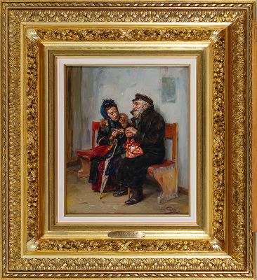 МАКОВСКИЙ Владимир Егорович (1846-1920) "Разговор" 1906 год Дерево, масло. 26,5 х 40,8 см. Экспе 