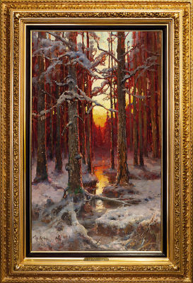КЛЕВЕР Юлий Юльевич (1850-1924) "Закат в зимнем лесу" 1912 год Холст, масло. 116 х 68,5 см. Эксп 