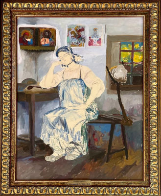 МАЛЯВИН Филипп Андреевич (1869-1940) "Крестьянка в избе" 1930-е годы Цветной картон, графитный 