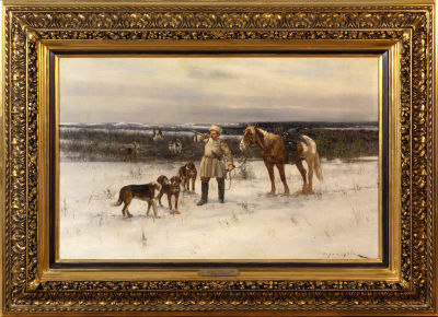 ВОРОШИЛОВ Сергей Семенович
"Конец охоты. (Сбор гончих)" 1900-е гг.
Холст, масло 57,5х88,5 см. Эк 