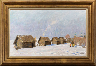 ТКАЧЕВ Алексей Петрович 
"Млевские бани" 1978 г.
Картон, масло 50х80 см. Герои картин Алексея 