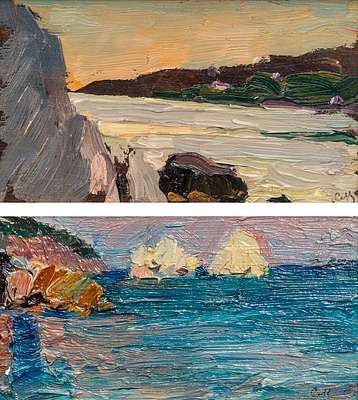 МАЛЮТИН Сергей Васильевич
Пара этюдов &laquo;Крым&raquo; 1925 г. и &laquo;Яуза&raquo; 1919 г.
Фанера, масло
8,3 х 15 см 