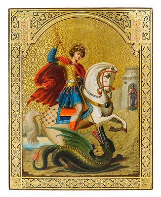 ИКОНА &laquo;Чудо великомученика Георгия о змие&raquo;
Начало XX в.
Дерево, левкас, смешанная техника
71 х 