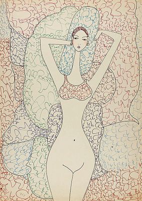 КРОПИВНИЦКИЙ, Евгений 
&laquo;Женщина на фоне тканей&raquo;
1969 г.
Бумага, чернила
39 х 28 см. Перед нами 