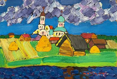 КОКУРИН, Валерий
&laquo;Село. Сиреневые облака&raquo;
1992 г.
Картон, масло
37,5 х 24,8 см. Через 4 года - 