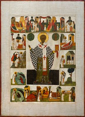 Икона &laquo;Святитель Николай Мирликийский (Зарайский), с житием&raquo;
Конец XV – начало XVI в., Средняя 