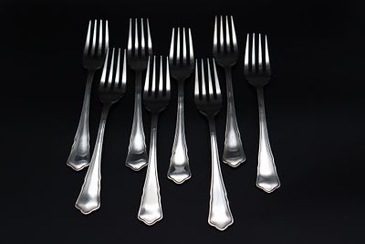 Eight ‘17th Century’ Top&aacute;zio fish forks in Portuguese silver. Set of eight ‘17th Century’ 