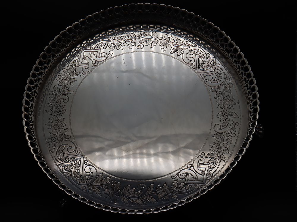 Portuguese silver tray with latticework rim. Portuguese silver tray with a latticework rim and 
