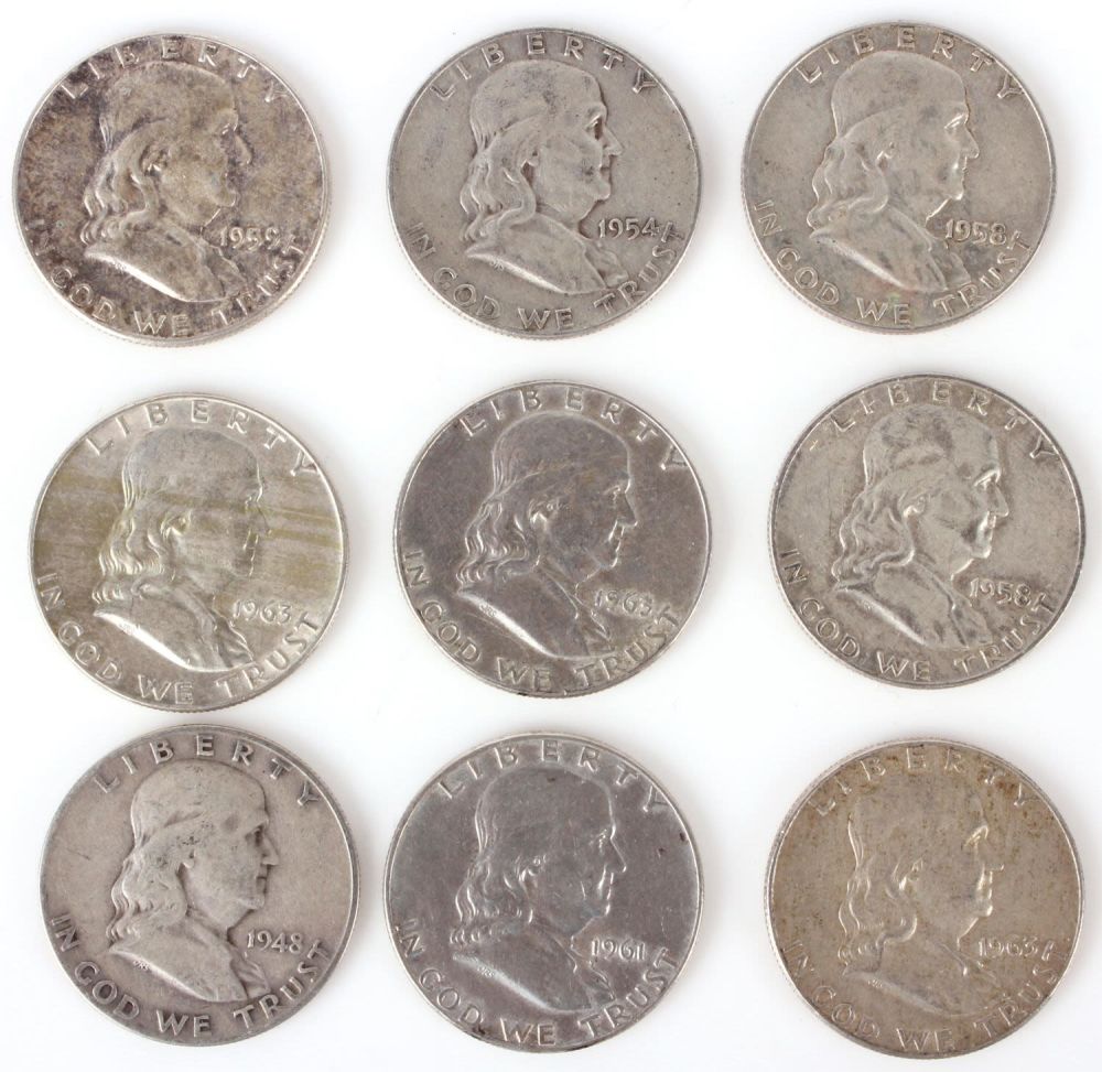 Lot 11160: 90% SILVER FRANKLIN HALF DOLLAR COINS - LOT OF 9