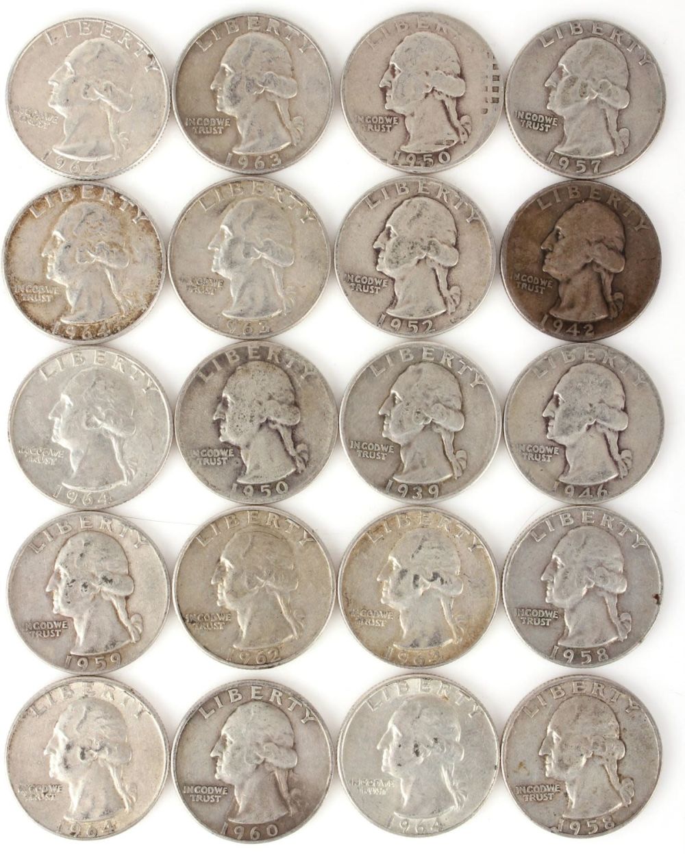 Lot 11194: 90% SILVER WASHINGTON QUARTERS - LOT OF 20