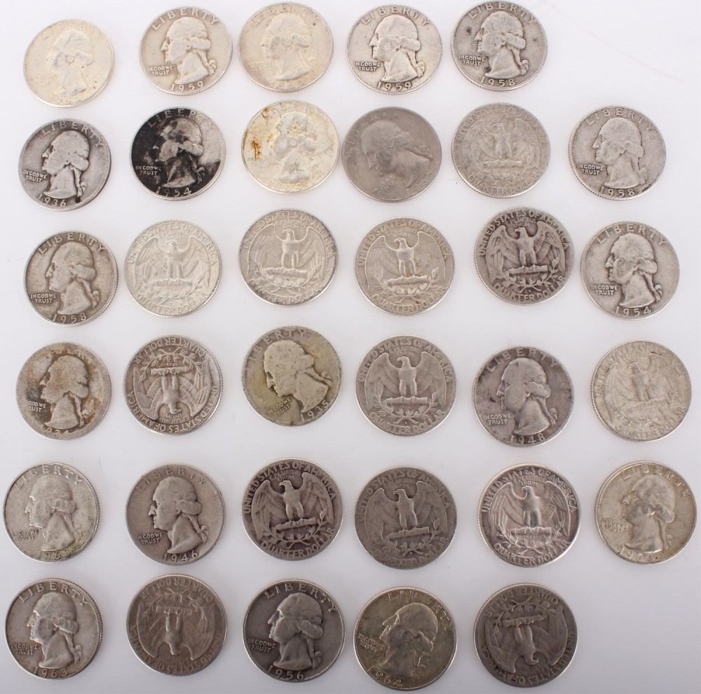 Lot 11196: 90% SILVER WASHINGTON QUARTERS - LOT OF 34
