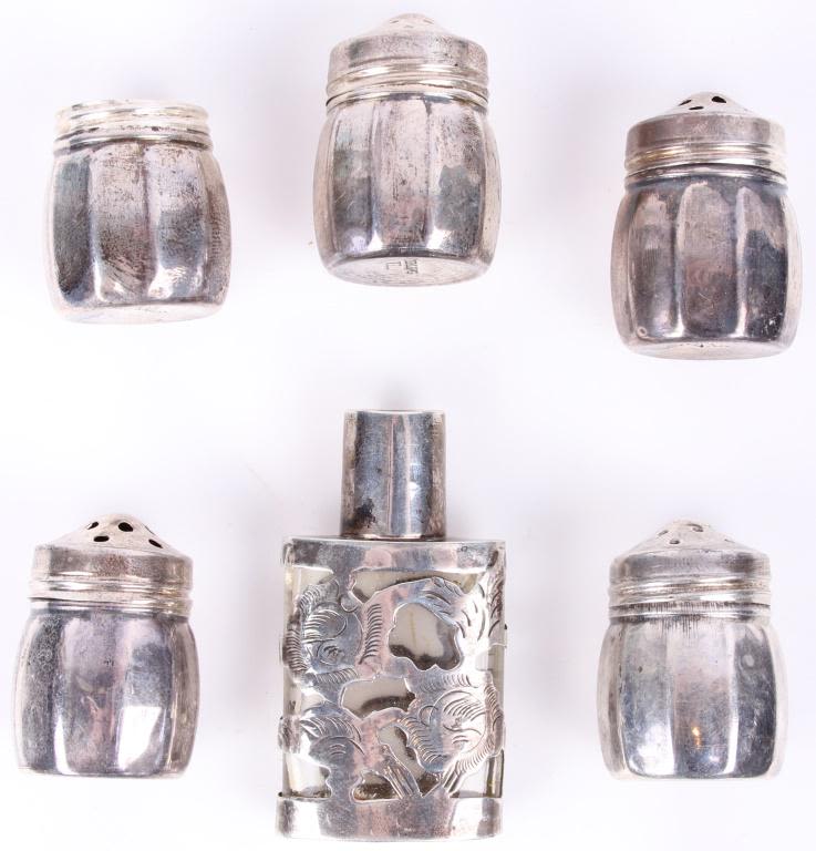 Lot 11568: STERLING SILVER SALT SHAKERS & BOTTLE - LOT OF 6