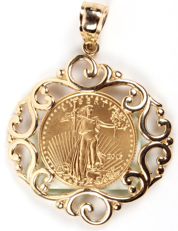 Lot 11583: 1/10 OZ AMERICAN EAGLE FINE GOLD W/ 14K BRACKET